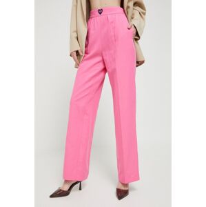Love Moschino nadrág vászonkeverékből rózsaszín, magas derekú egyenes